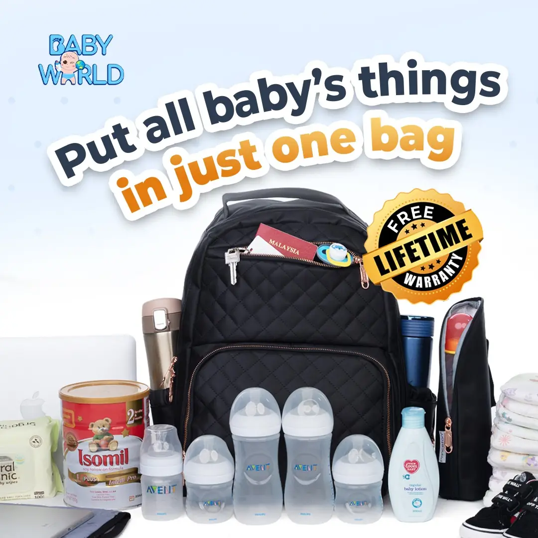 Baby World Malaysia Carousel baby care ad: Feature-callout ad for one bag that fits every baby essential, frame 1 of 6