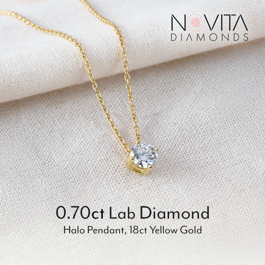 Novita Diamonds Dynamic jewellery and watches ad: Feature-callout ad for a 0.70ct lab diamond halo pendant in 18ct gold