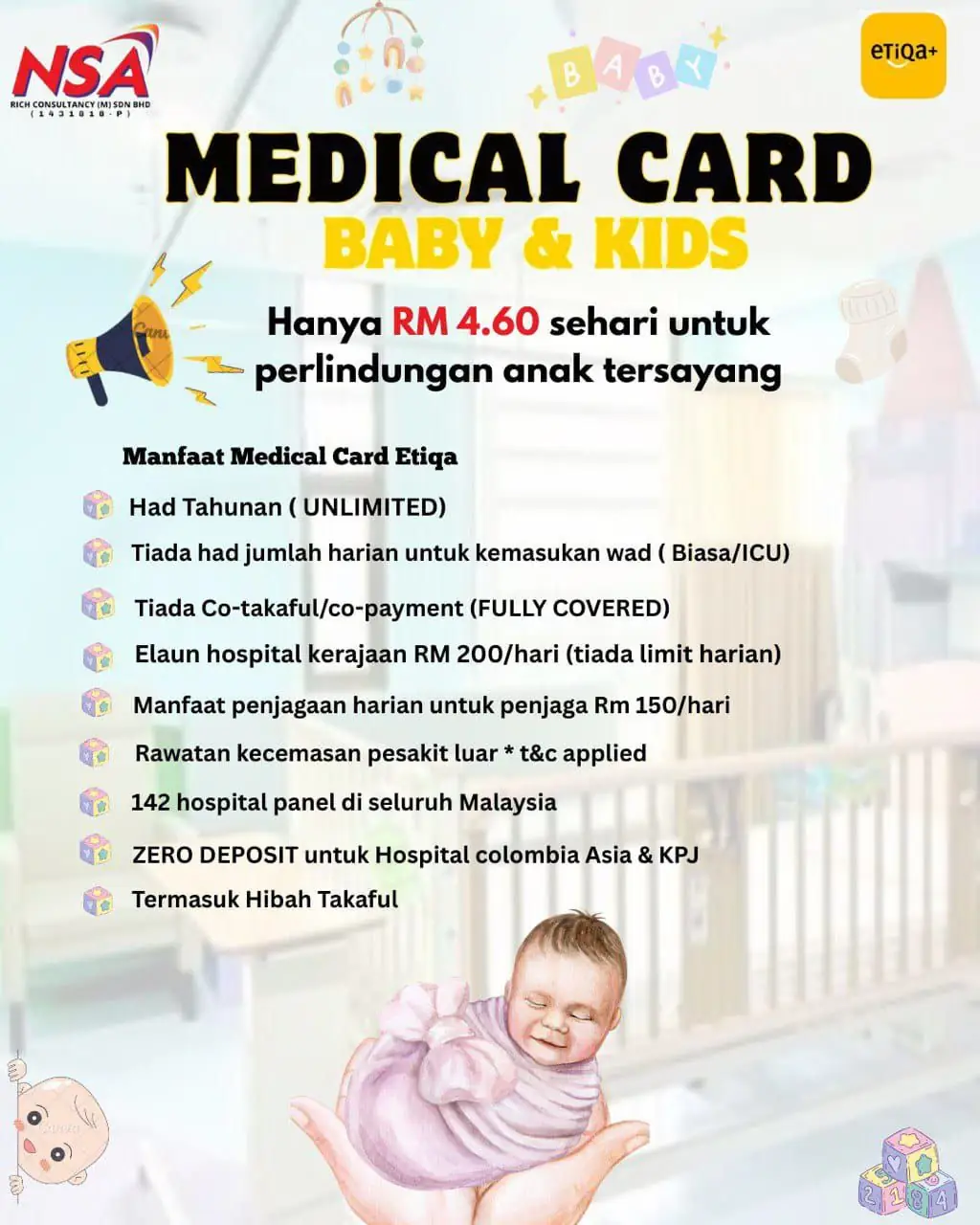 Keluargaku Static takaful and insurance ad: Feature-callout ad for Etiqa baby and kids medical card at RM4.60 a day