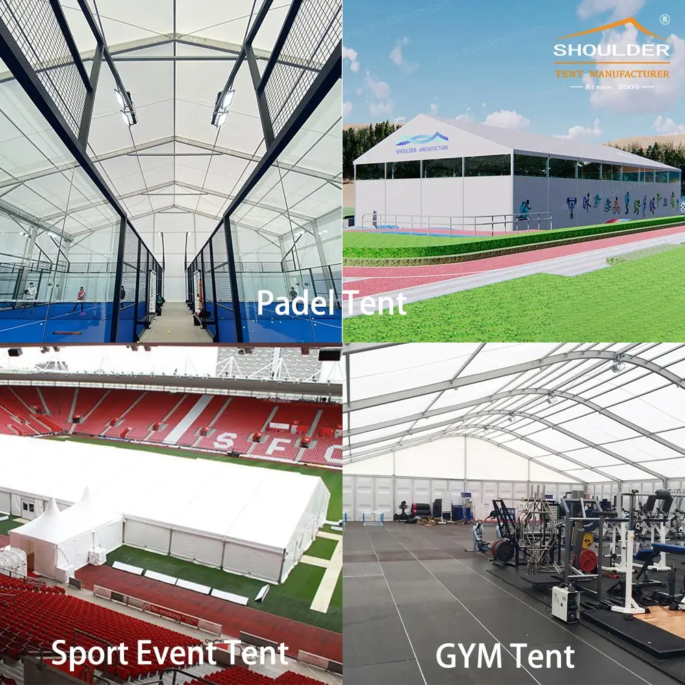 Shoulder Tent Carousel fitness ad: Showcase ad for modular tents that build padel courts and gyms, frame 1 of 6