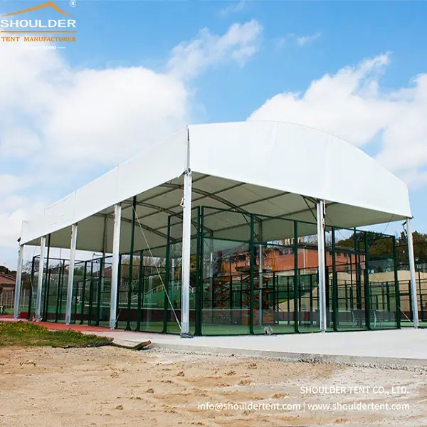 Shoulder Tent Carousel fitness ad: Showcase ad for modular tents that build padel courts and gyms, frame 2 of 6