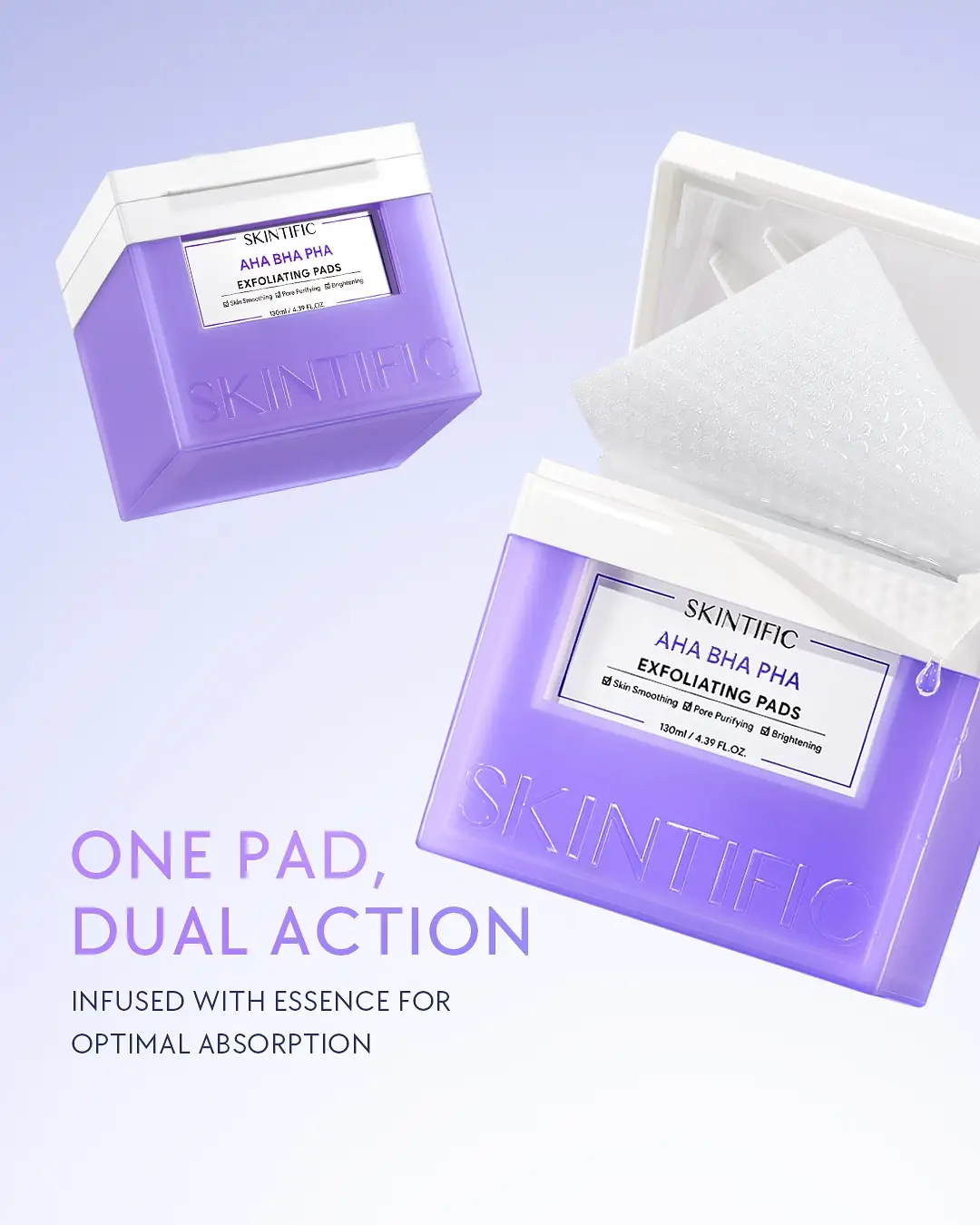 Skintific Carousel skincare ad: Feature-callout ad for one pad with dual-action AHA, BHA and PHA, frame 1 of 4