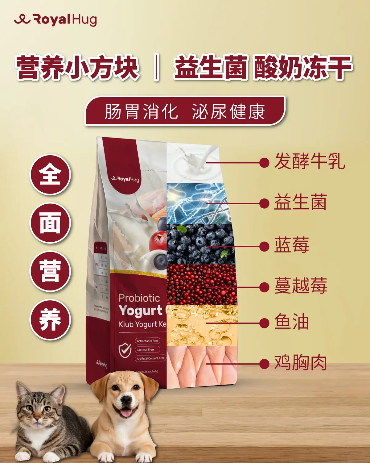 RoyalHug Static pet care ad: Feature-callout ad for probiotic yogurt cubes for gut and urinary health