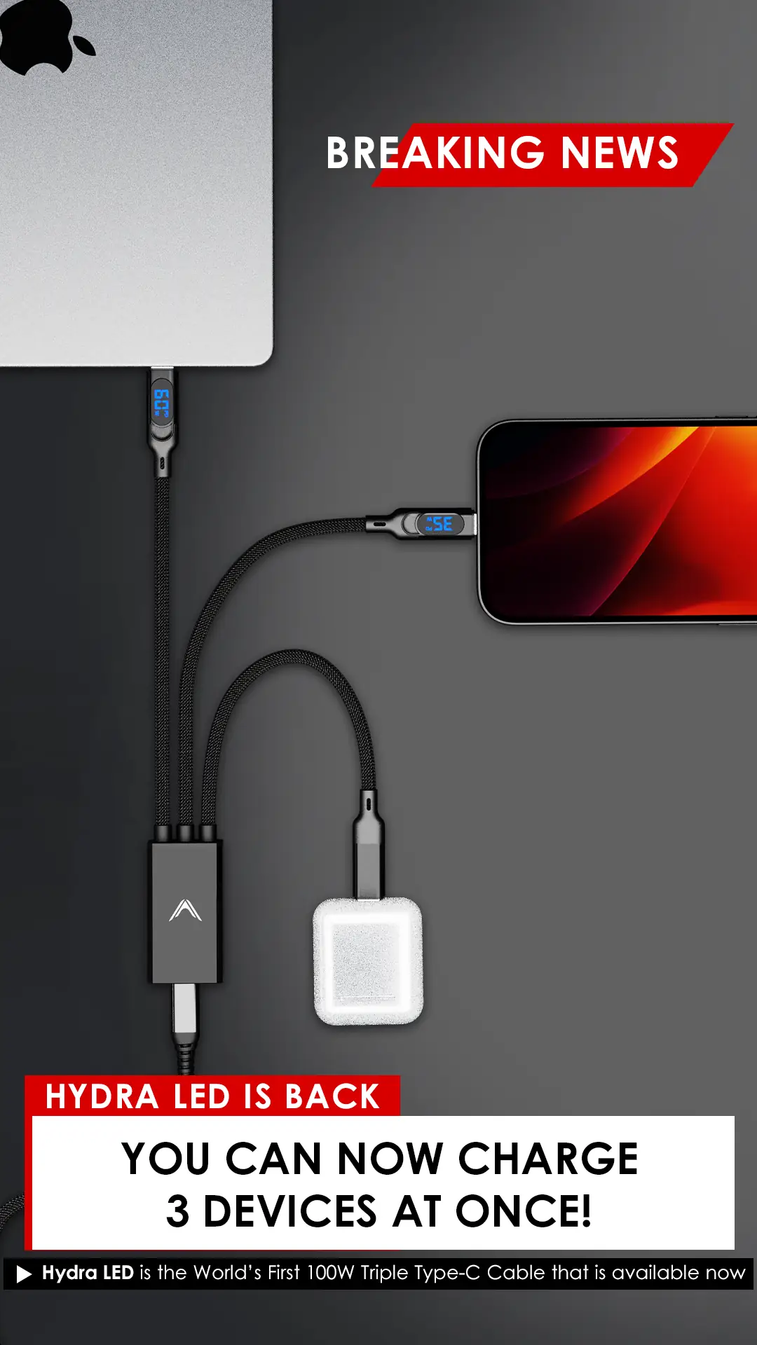 Futurizta Malaysia: Futuristic Travel Gadget Dynamic electronics ad: Feature-callout ad for one 100W cable charging 3 devices at once