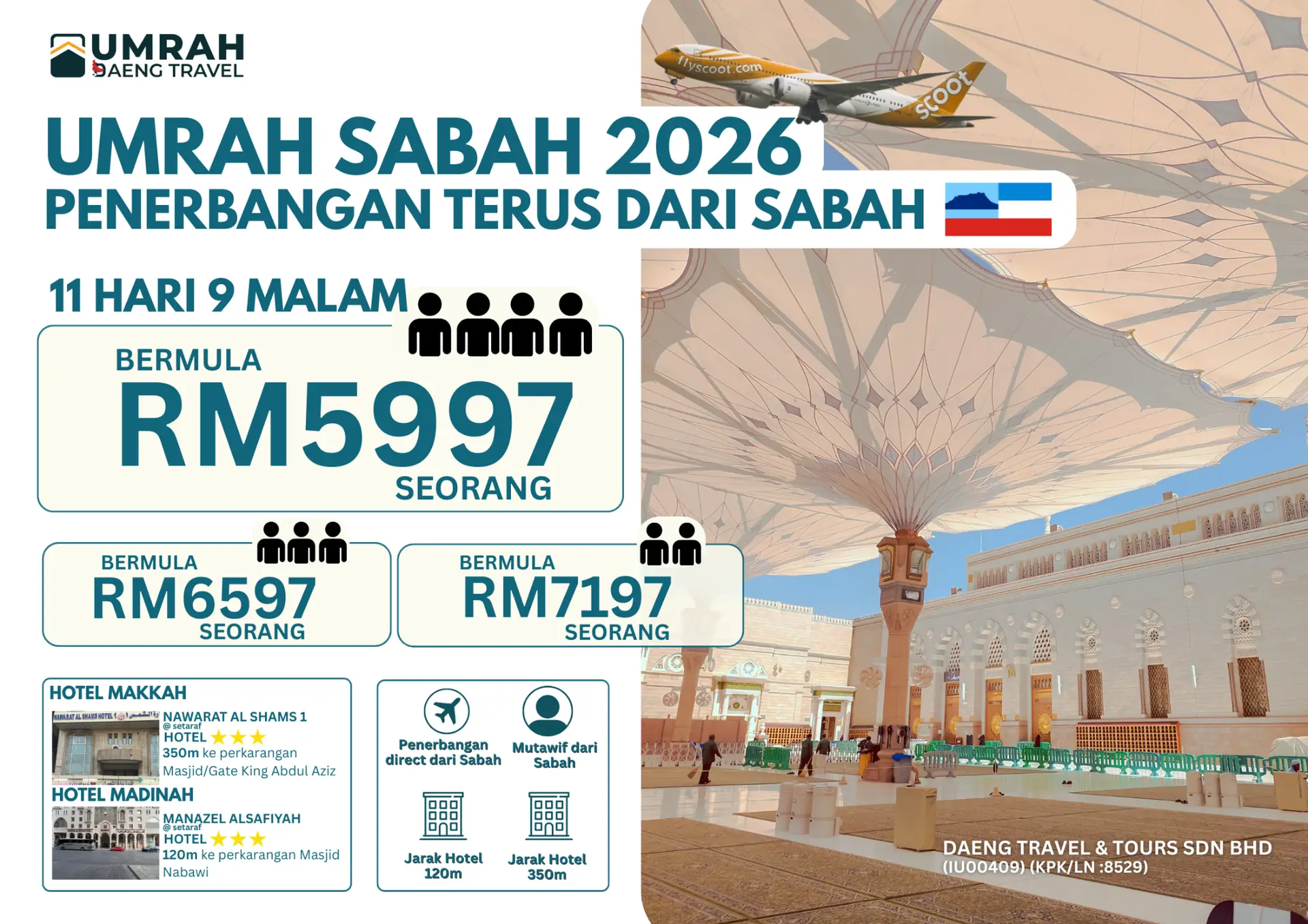 DAENG Travel Static travel and tourism ad: Discount ad for 2026 Sabah Umrah from RM5,997 with direct flights from Sabah
