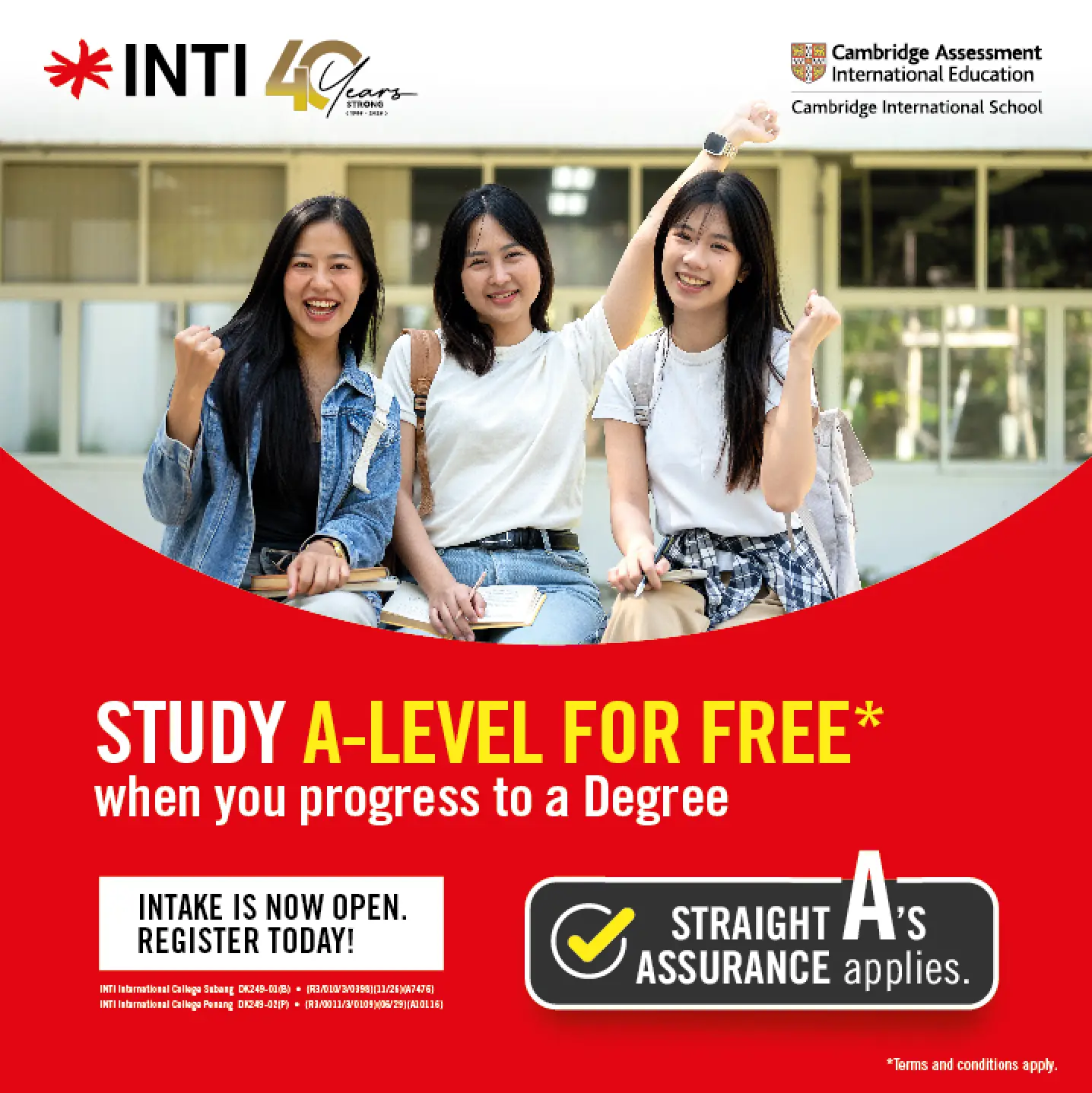 INTI International University & Colleges Carousel education ad: Discount ad: study A-Level free when you progress to an INTI degree, frame 1 of 2