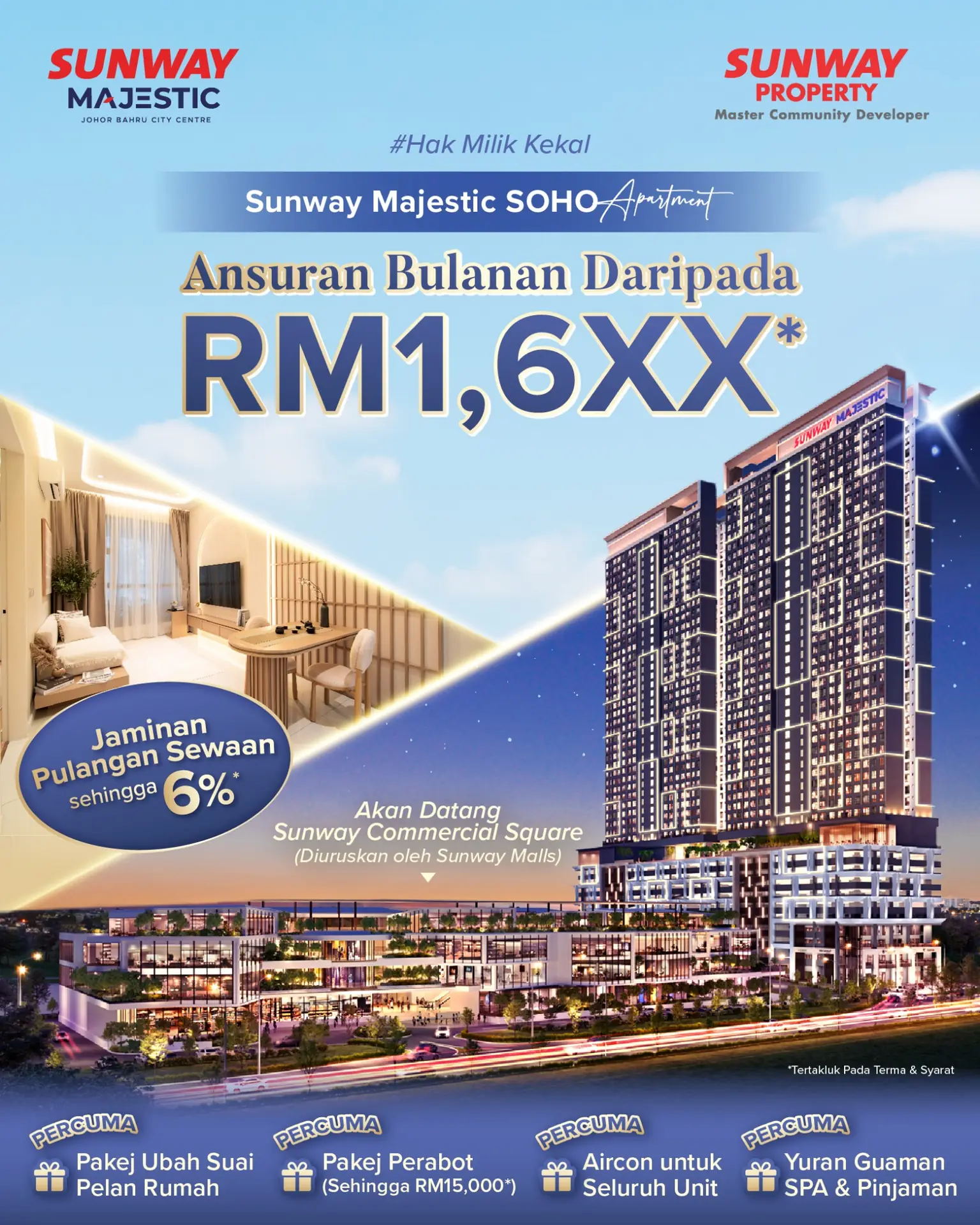 Sunway City Iskandar Puteri Static property ad: Discount ad: a Sunway SOHO from RM1,6XX monthly, 6% rental return