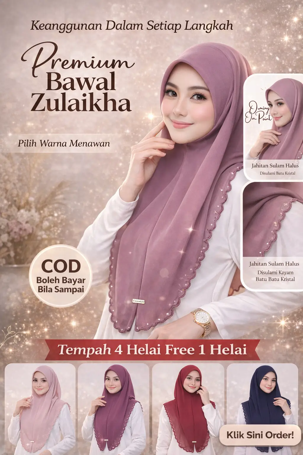 Aweena Boutique Static muslimah fashion ad: Offer ad: order four premium Zulaikha hijabs, get one free