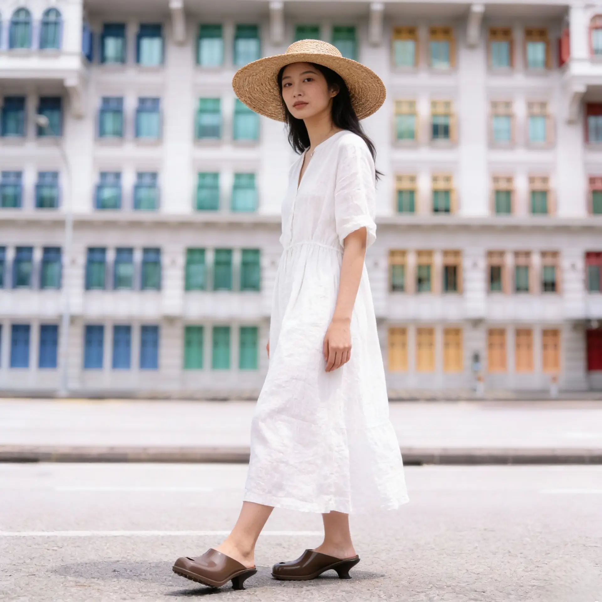 Melissa Carousel fashion ad: Lifestyle ad for everyday comfort in leather mules on a city street, frame 2 of 2