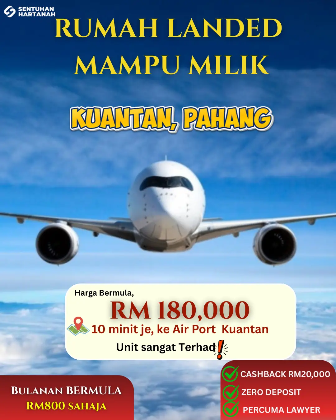 Sentuhan Hartanah Static property ad: Announcement ad for affordable landed Kuantan homes, ten minutes to the airport