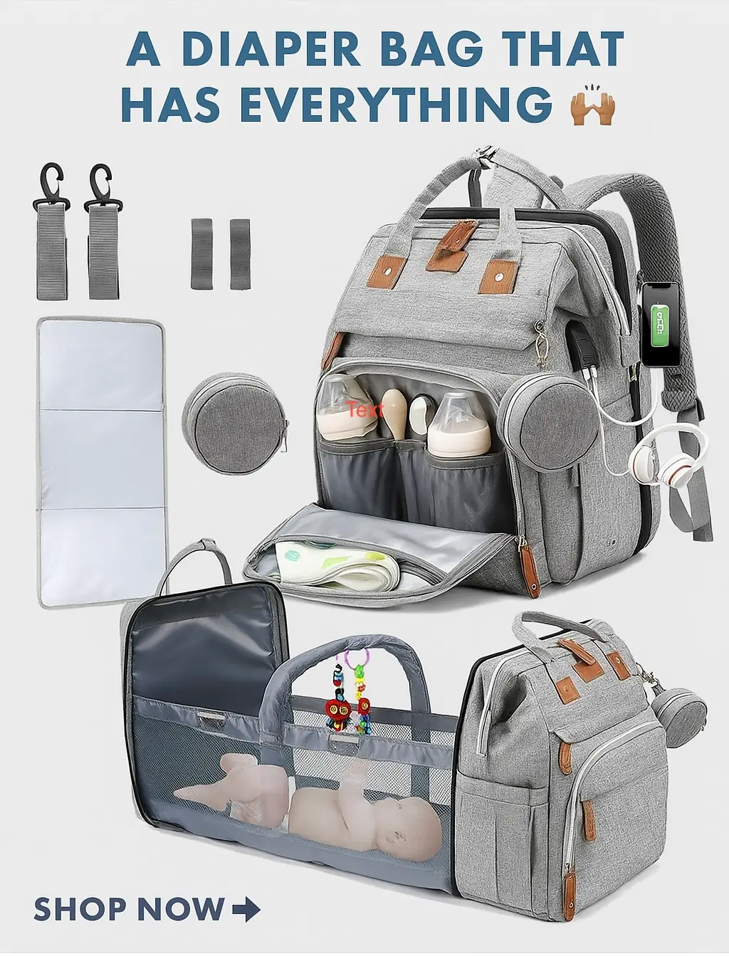 The Familys Place Static baby care ad: Feature-callout ad for a diaper bag with a fold-out bassinet and everything packed in