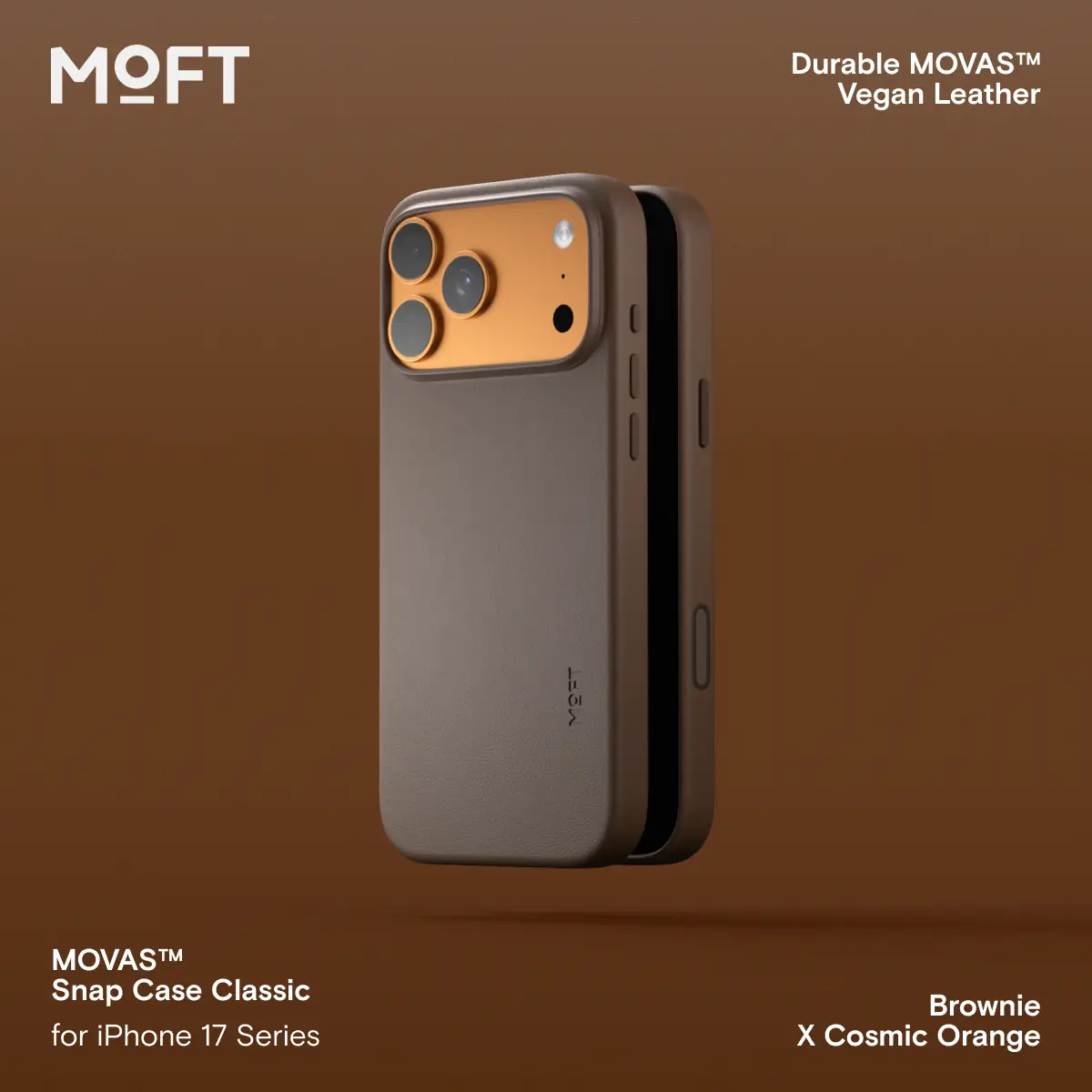Moft.us Static electronics ad: Showcase ad for MOVAS vegan-leather snap case for iPhone 17