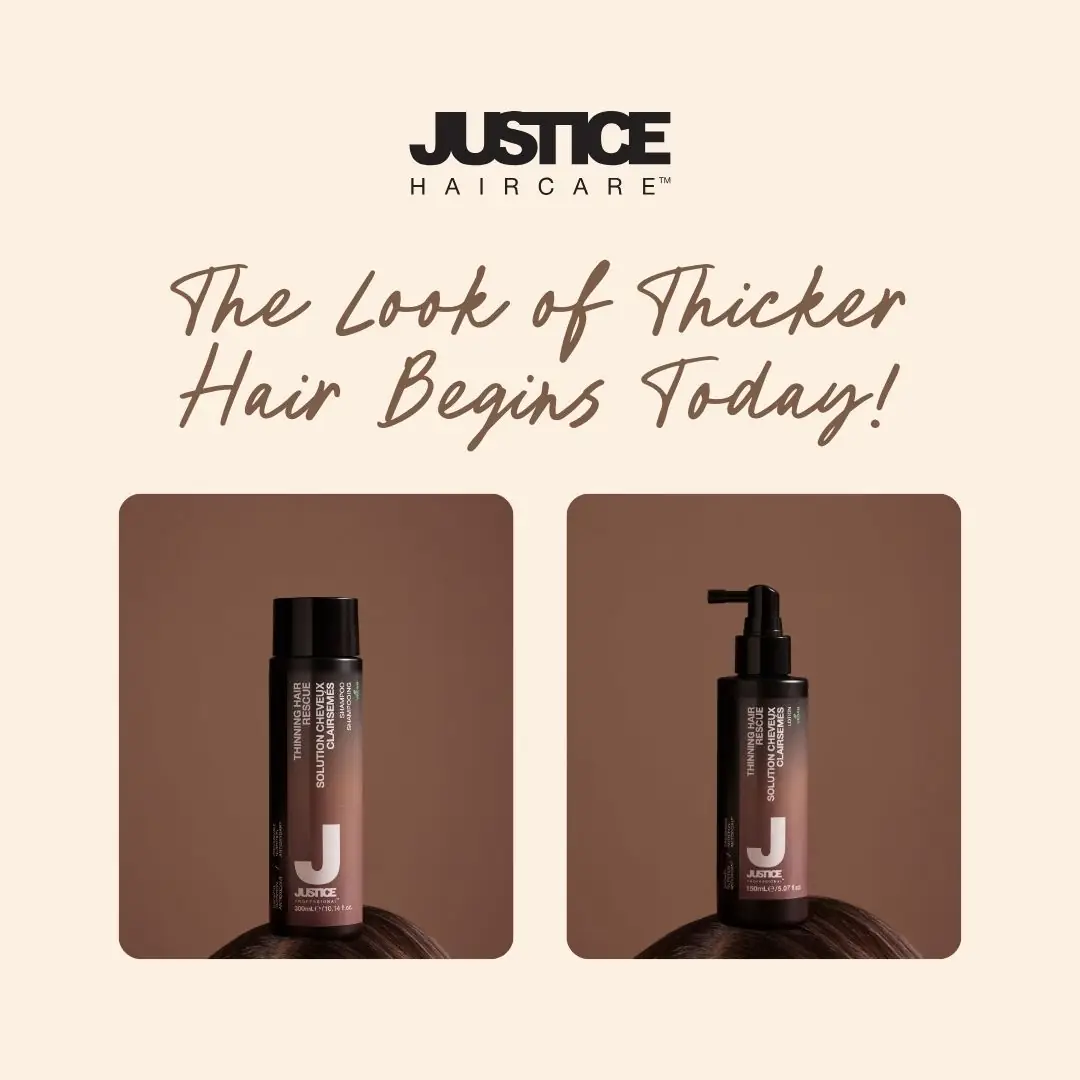 Justice Haircare Carousel hair care ad: Showcase ad for a thinning-hair rescue shampoo and lotion, frame 1 of 4