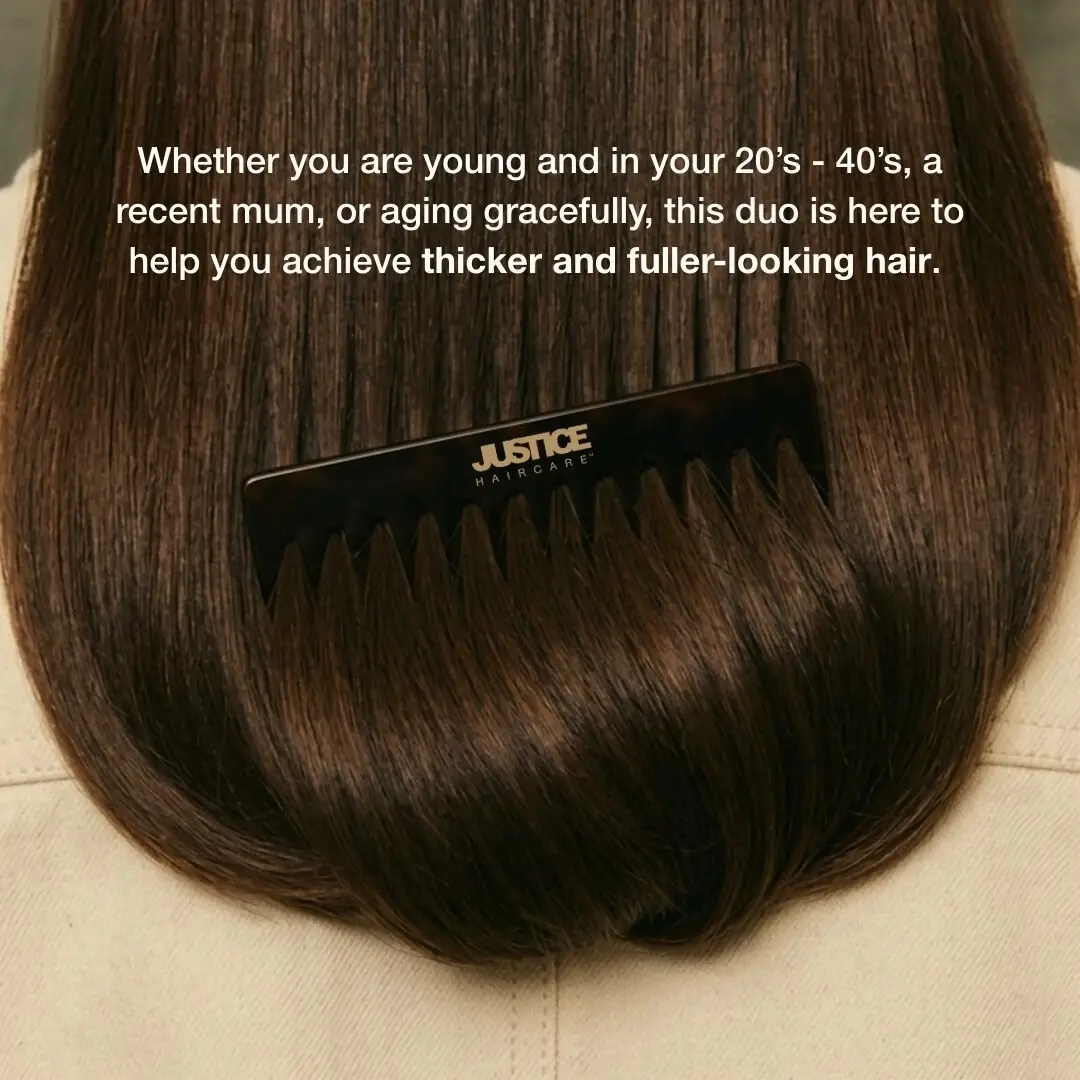 Justice Haircare Carousel hair care ad: Showcase ad for a thinning-hair rescue shampoo and lotion, frame 2 of 4