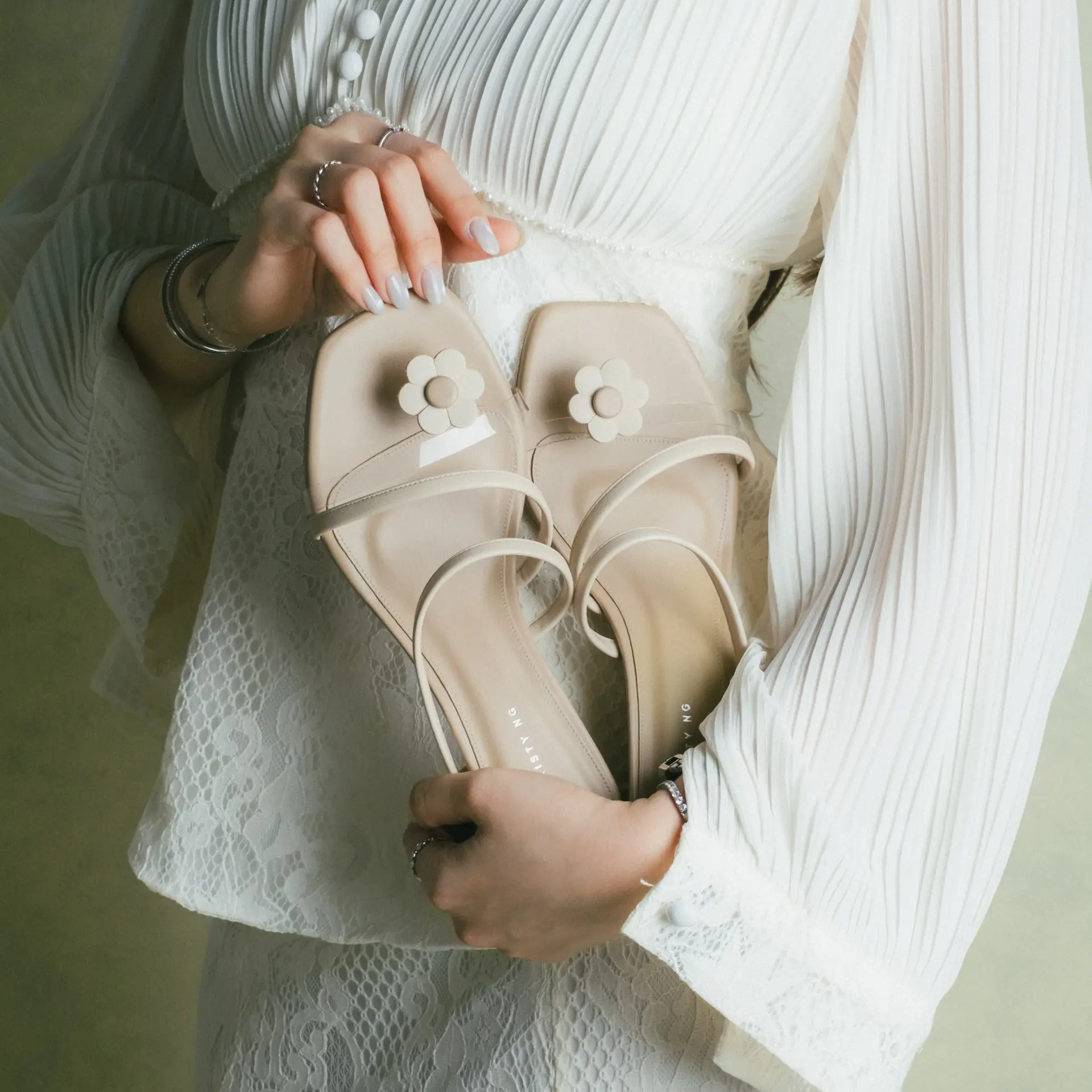 ChristyNg.com Static fashion ad: Showcase ad for the floral Diana strappy mules in vegan leather
