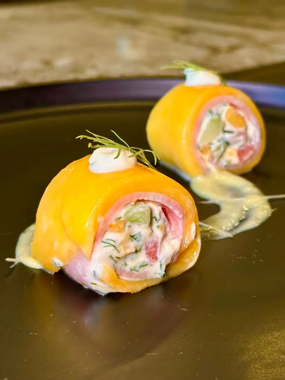 The Ocean Peak Carousel food and beverage ad: Showcase ad for a golden beef Wellington in glossy sauce, frame 3 of 6