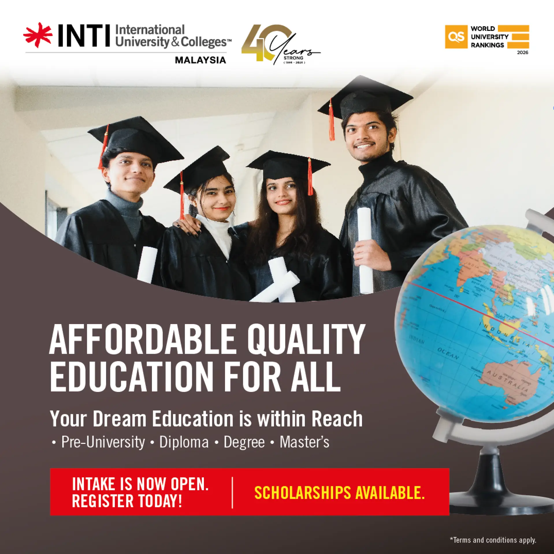 INTI International University & Colleges Static education ad: Showcase ad for affordable QS-ranked degrees with scholarships open