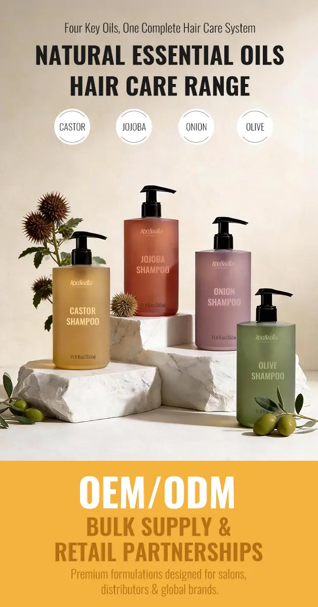 Kooswalla Carousel hair care ad: Showcase ad for a four-oil shampoo range: castor, jojoba, onion, olive, frame 1 of 2