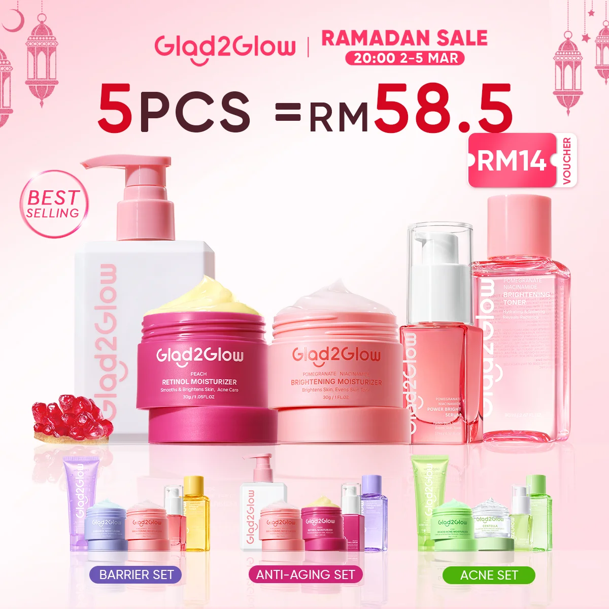Glad2Glow Static skincare ad: Discount ad: five-piece skincare bundle for RM58.50 this Ramadan