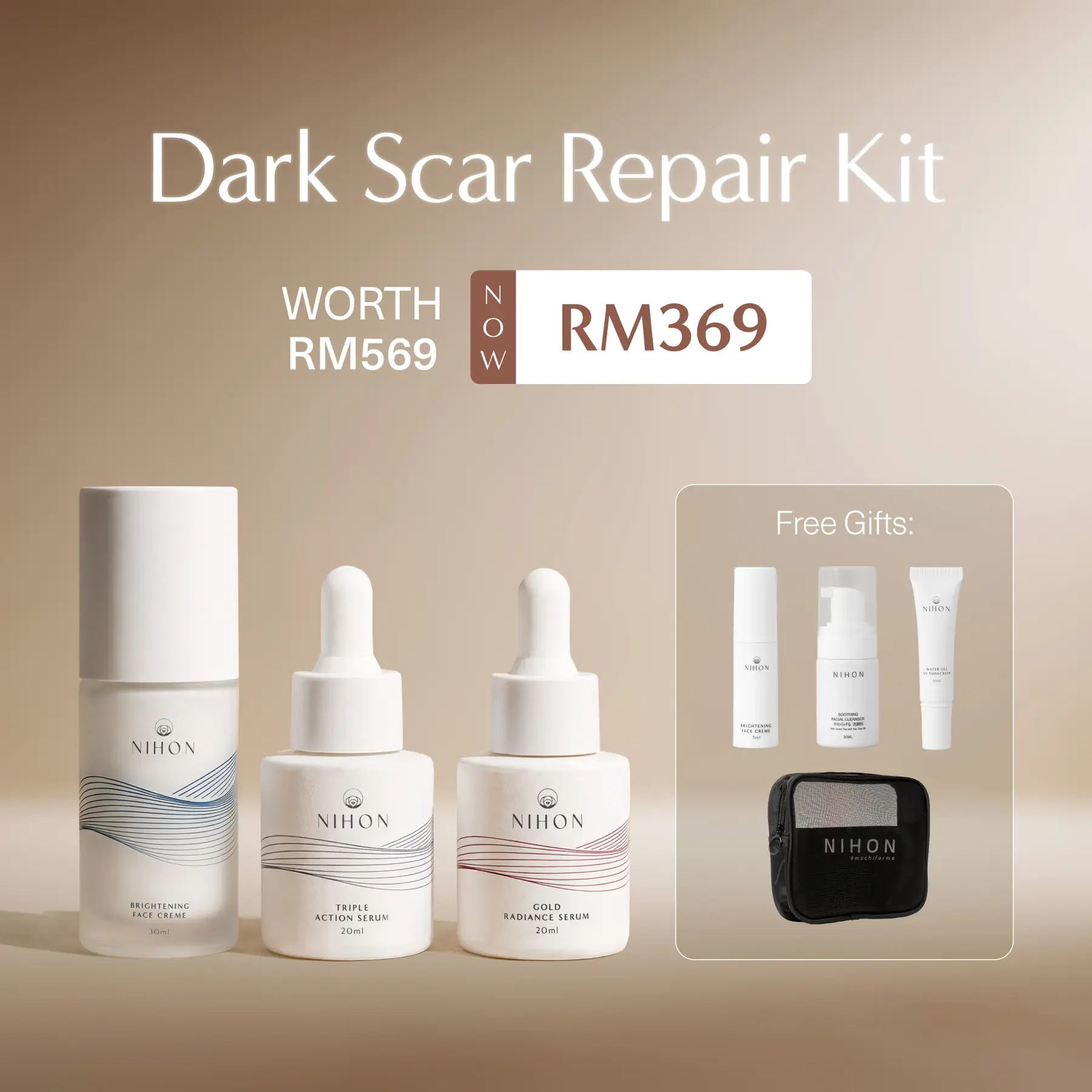 Nihonskin Static skincare ad: Discount ad: dark scar repair kit, RM369 instead of RM569, free gifts