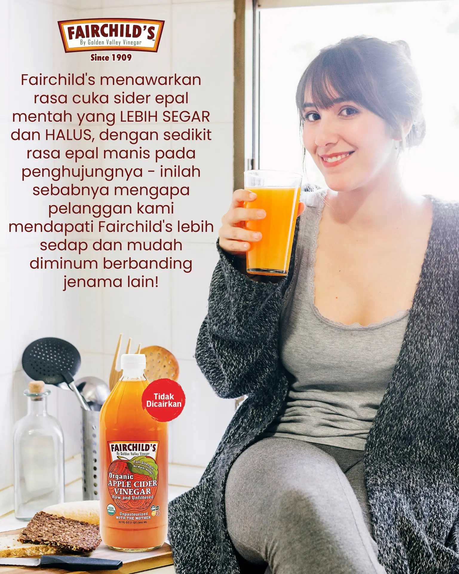Fairchild's Static food and beverage ad: Feature-callout ad for a fresher, smoother raw apple cider vinegar