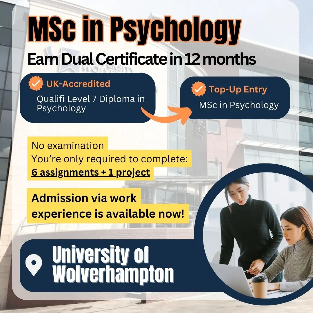 Douglas Business School, Malaysia Carousel education ad: Feature-callout ad for a 100% online MSc in Psychology, no exams, frame 2 of 3