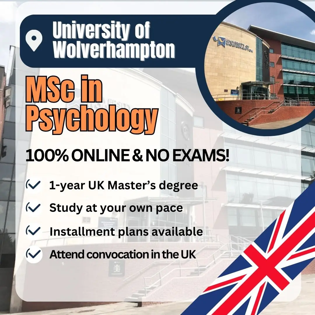 Douglas Business School, Malaysia Carousel education ad: Feature-callout ad for a 100% online MSc in Psychology, no exams, frame 1 of 3