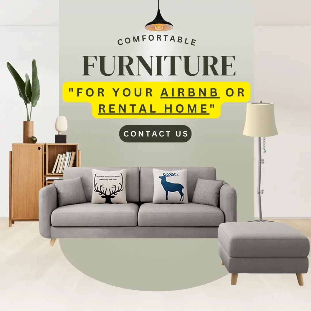 Furniture Avenue Carousel home and living ad: Lifestyle ad for comfortable furniture styled for Airbnb rentals, frame 1 of 6
