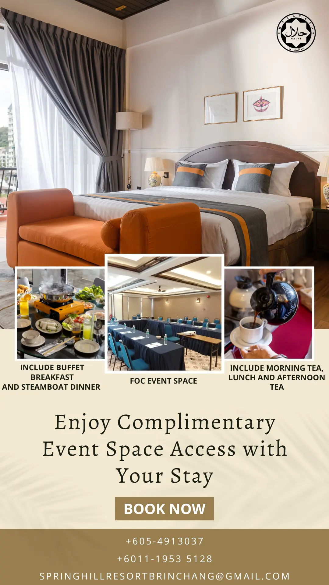 Springhill Resort_ Static travel and tourism ad: Discount ad for a Cameron Highlands group stay with free event space and steamboat dinner