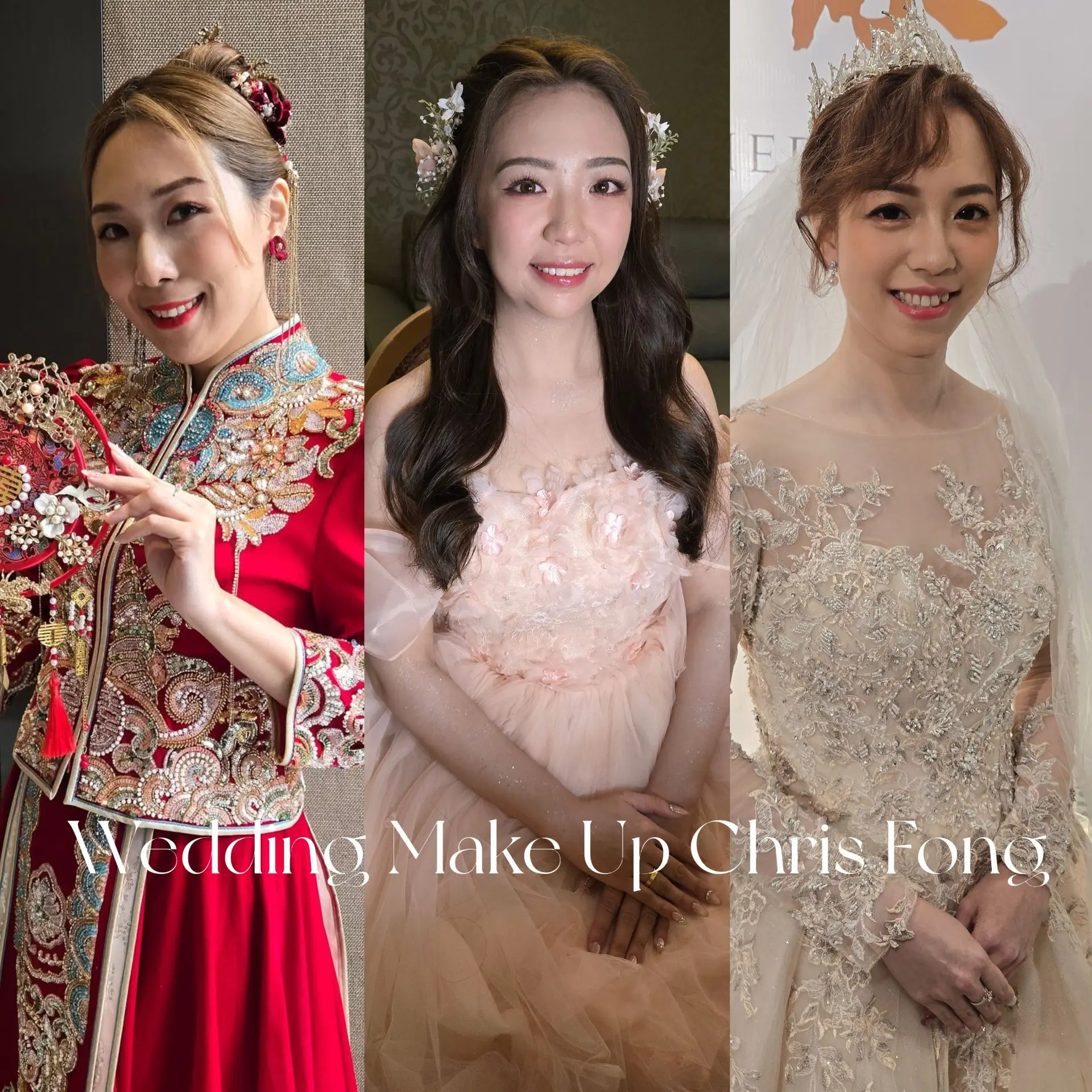 Wedding Makeup Artist Chris Fong Carousel makeup and cosmetics ad: Showcase ad for three bridal makeup looks by artist Chris Fong, frame 1 of 6