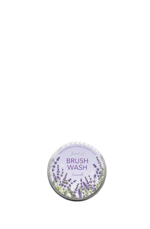 Brush & Co Dynamic makeup and cosmetics ad: Showcase ad for lavender Brush Wash that cleans makeup brushes and sponges