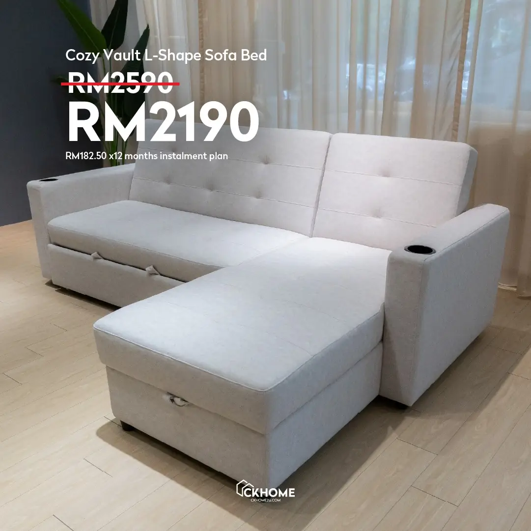Ckhome2u Carousel home and living ad: Discount ad: Cozy Vault L-shape sofa bed cut to RM2190 with instalments, frame 1 of 6