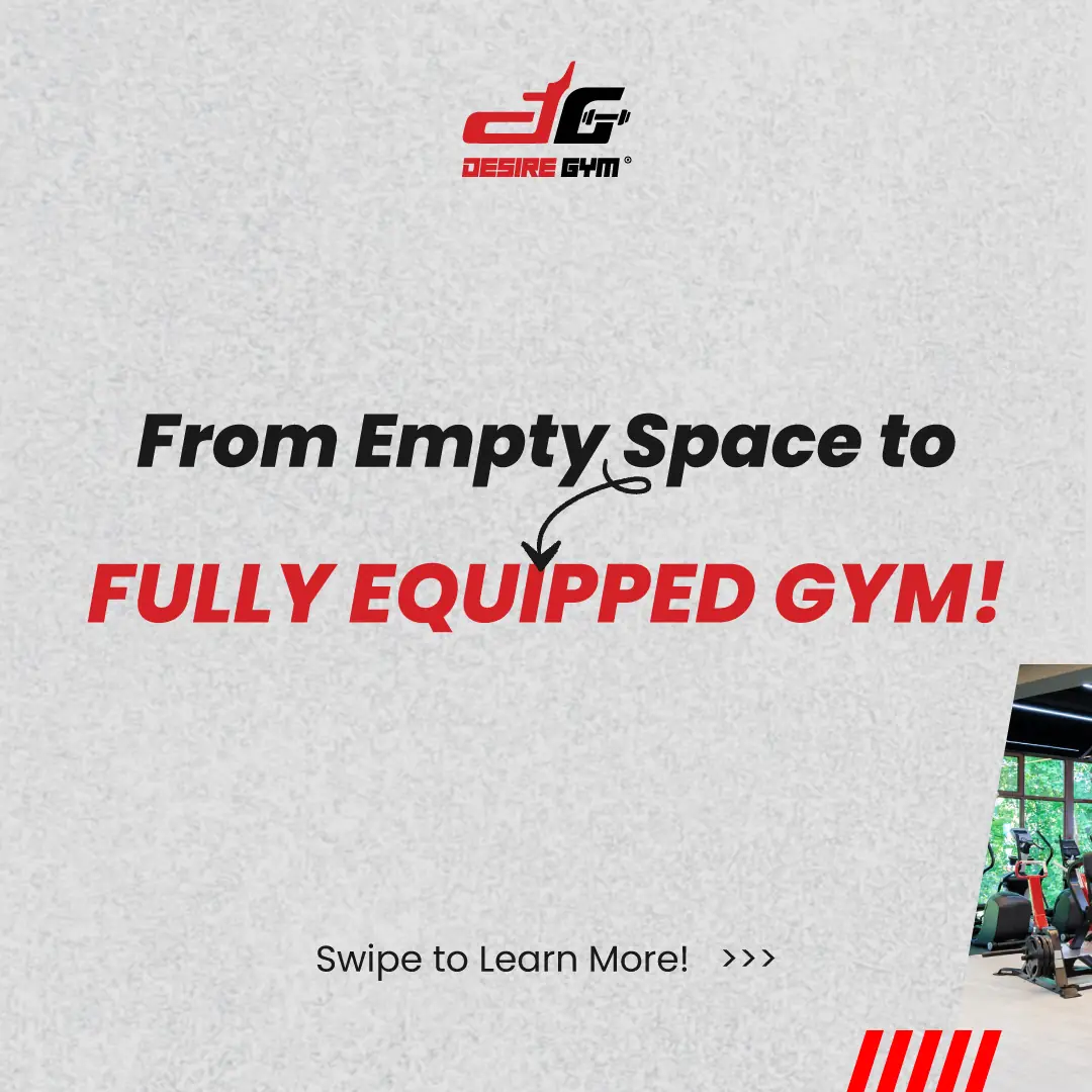 Desire Gym Malaysia Carousel fitness ad: Before-and-after ad for an empty room turned into a fully equipped gym, frame 1 of 5