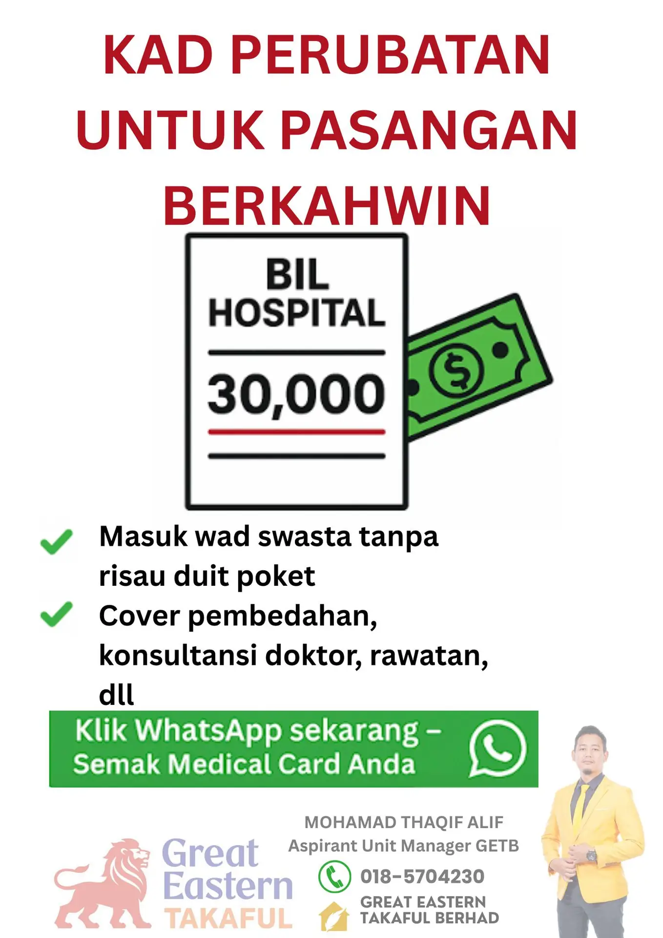 Perunding Takaful-Thaqif Alif Static takaful and insurance ad: Problem-solution ad for couples covering a RM30,000 hospital bill