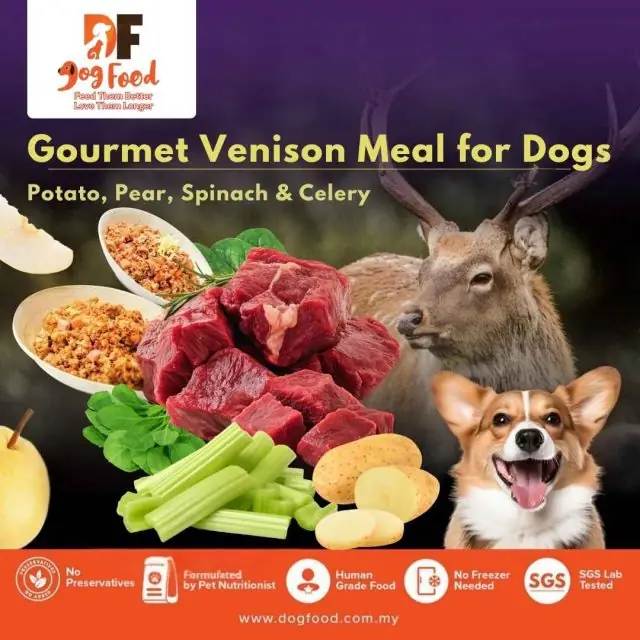 DF DogFood Carousel pet care ad: Feature-callout ad for a gourmet venison meal with human-grade ingredients, frame 1 of 6