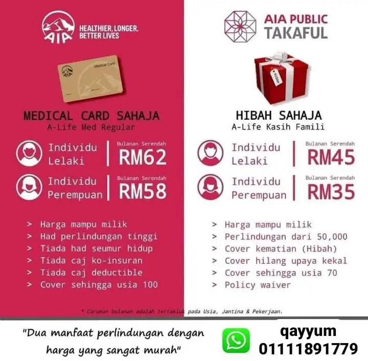 AIA By Coach Qayyum Static takaful and insurance ad: Comparison ad for medical card versus hibah plan, priced by gender
