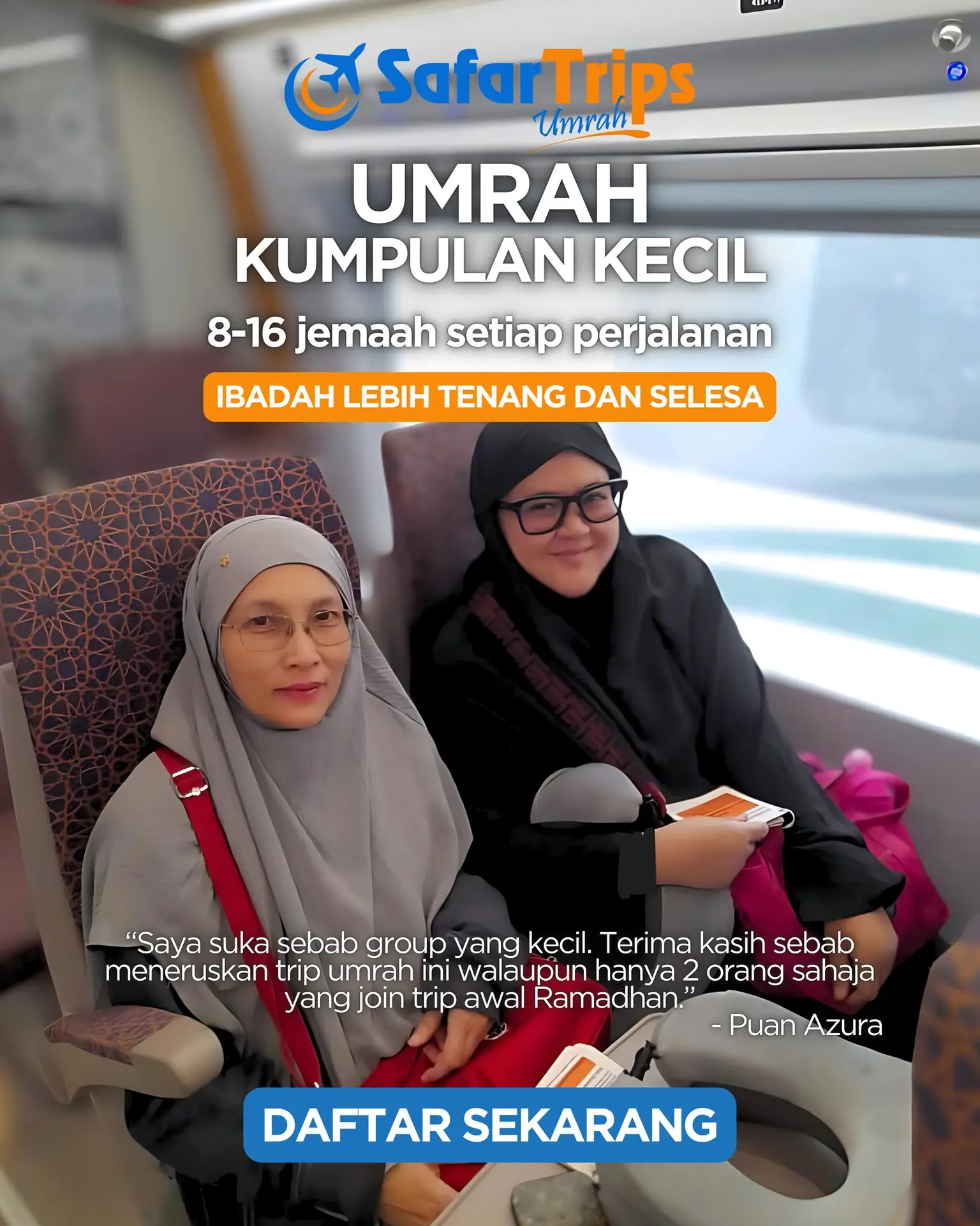 SafarTrips Static travel and tourism ad: Testimonial ad for small-group Umrah of 8 to 16 pilgrims