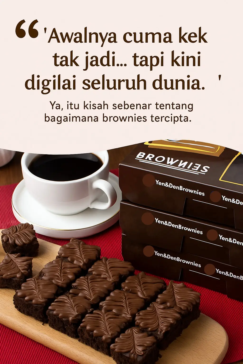 Yen & Den Brownies Static bakery and dessert ad: Showcase ad for awalnya cuma kek tak jadi… tapi kini digilai seluruh dunia