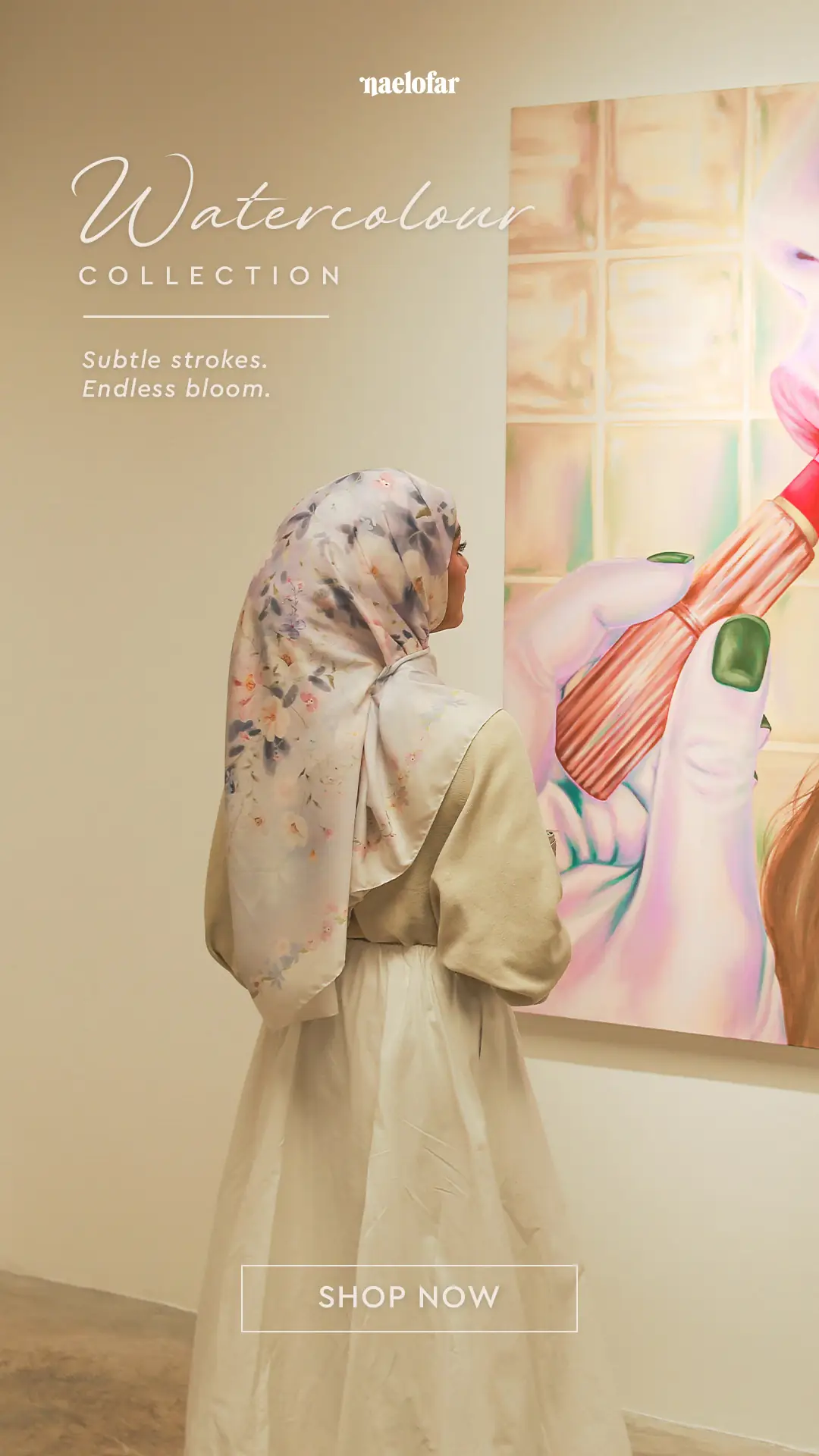 Naelofar Static muslimah fashion ad: Showcase ad for the Watercolour printed-shawl collection