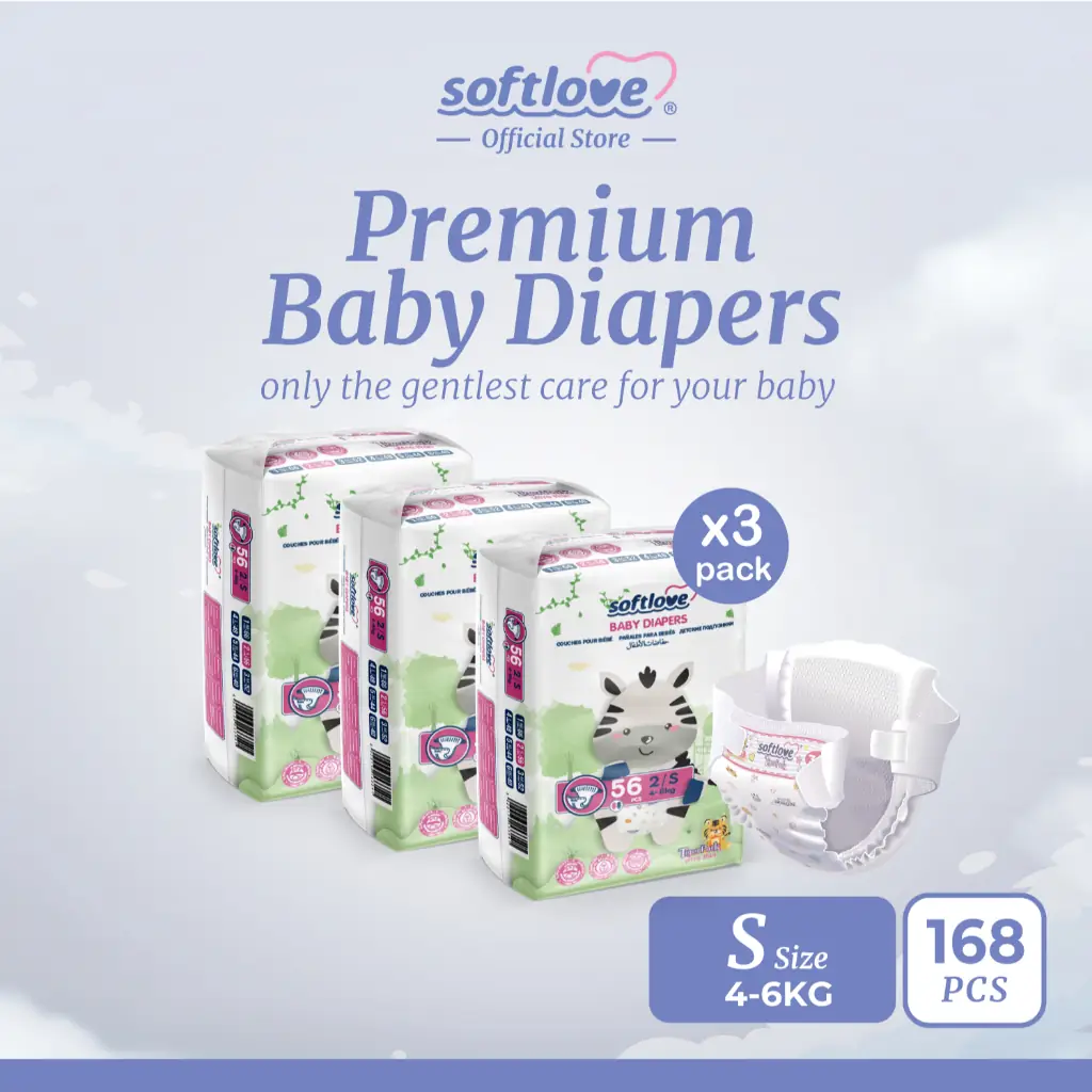 Sally Softlove Malaysia Dynamic baby care ad: Showcase ad for a premium diaper three-pack bundle at 168 pieces