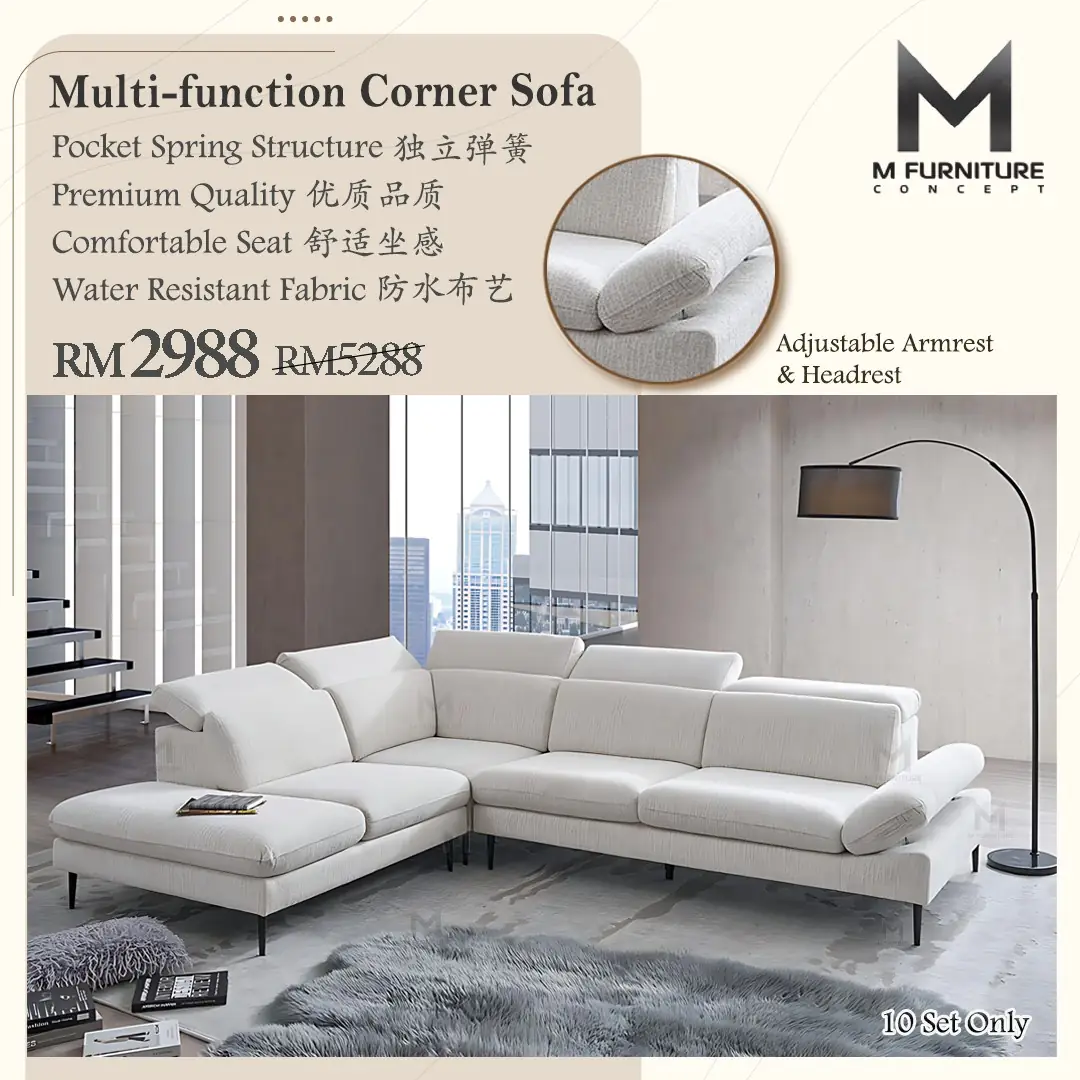 M Furniture Concept Carousel home and living ad: Feature-callout ad for a pocket-spring multi-function corner sofa, frame 1 of 6