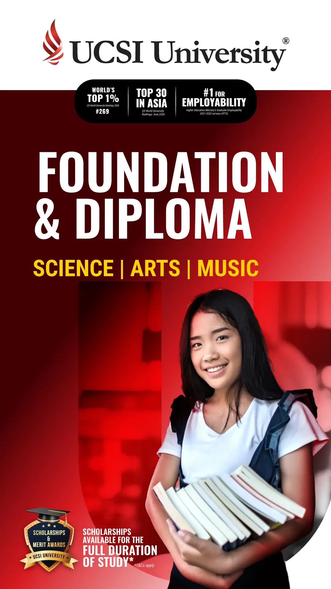 UCSI University Dynamic education ad: Showcase ad for Foundation and Diploma in Science, Arts and Music