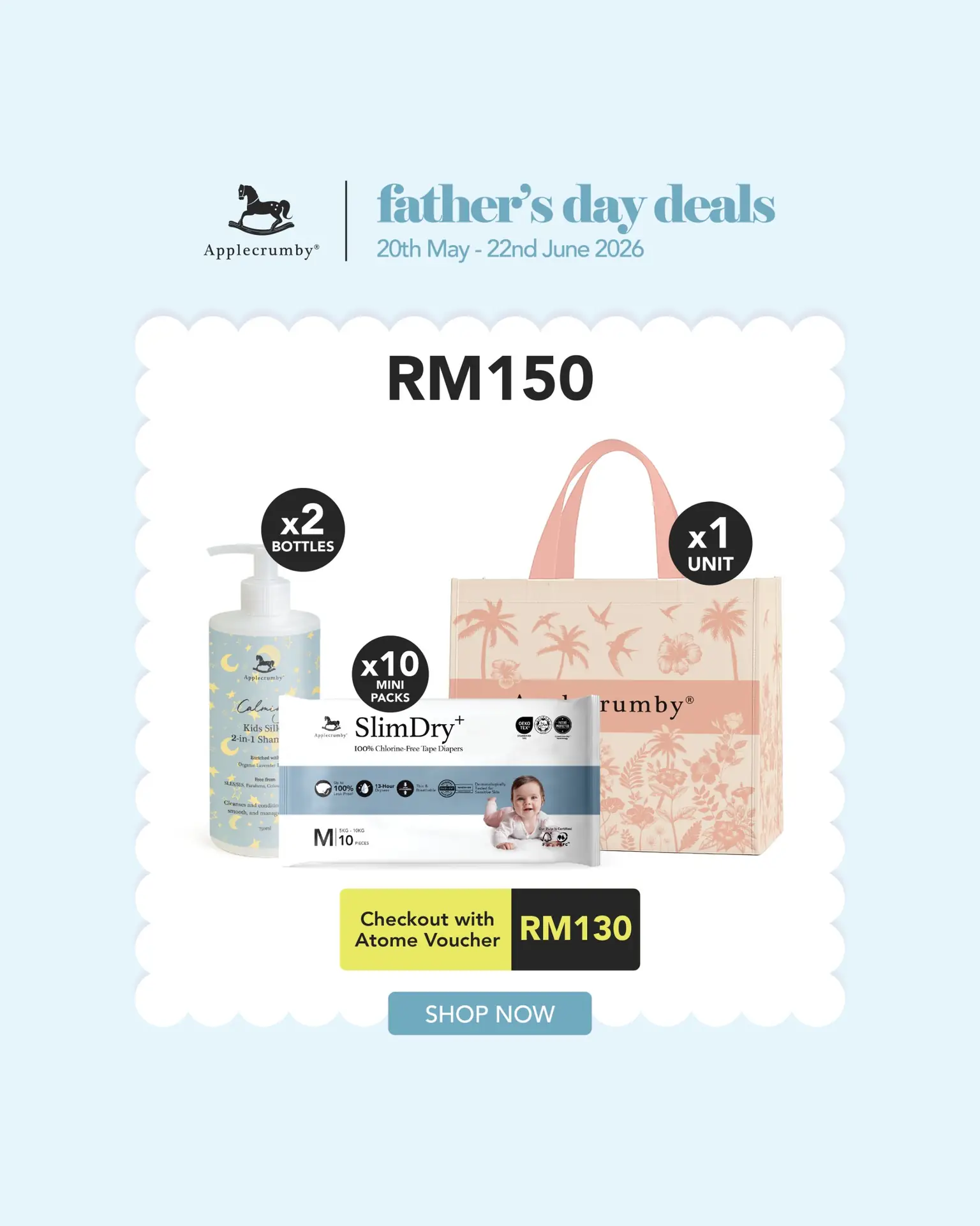 Applecrumby Carousel baby care ad: Discount ad: Father’s Day bundle, RM150 of essentials for RM130, frame 2 of 4