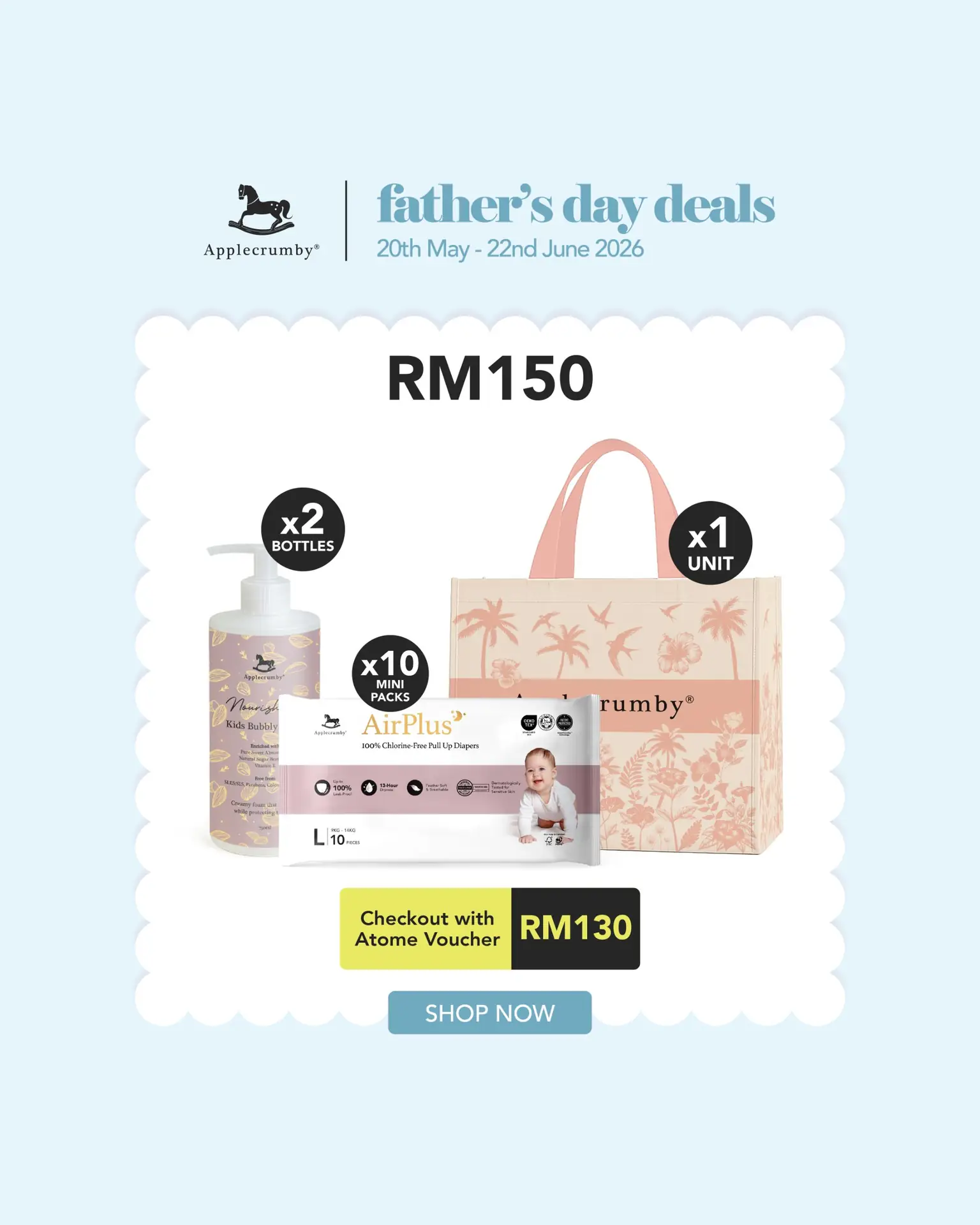 Applecrumby Carousel baby care ad: Discount ad: Father’s Day bundle, RM150 of essentials for RM130, frame 1 of 4