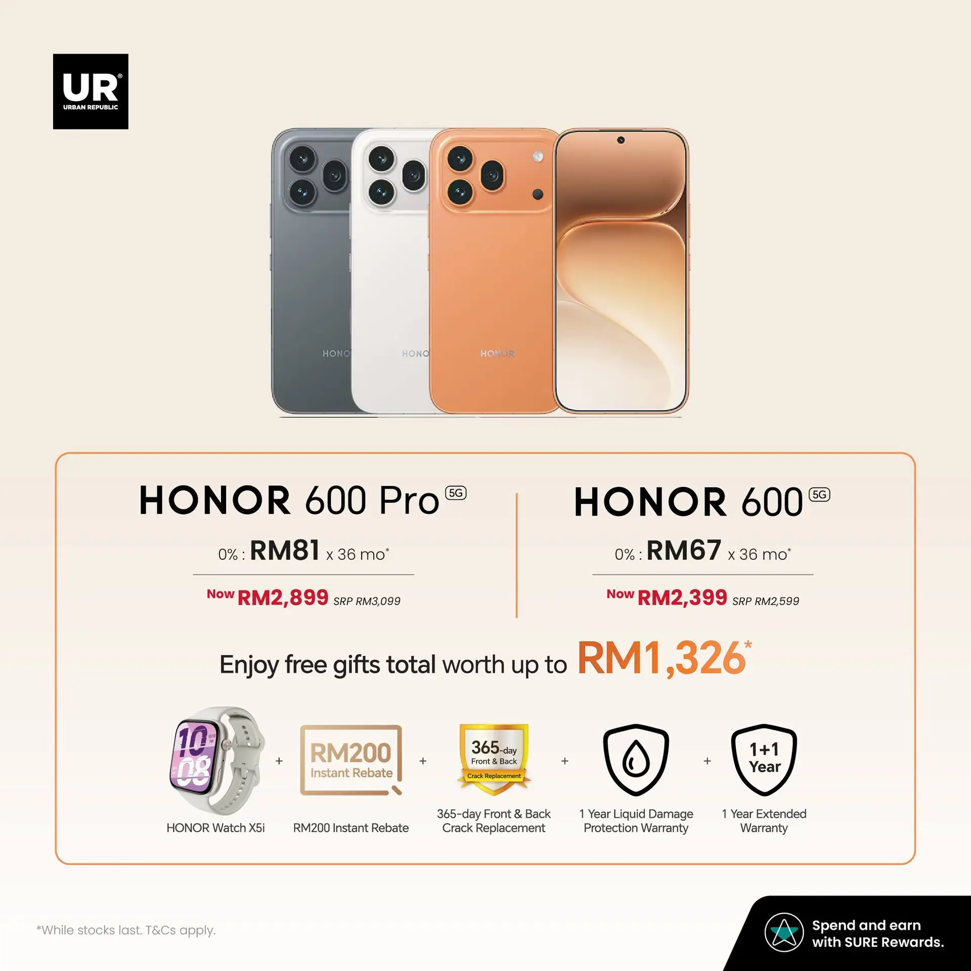Urban Republic Carousel electronics ad: Discount ad: own the HONOR 600 5G from RM67 a month with free gifts, frame 2 of 2