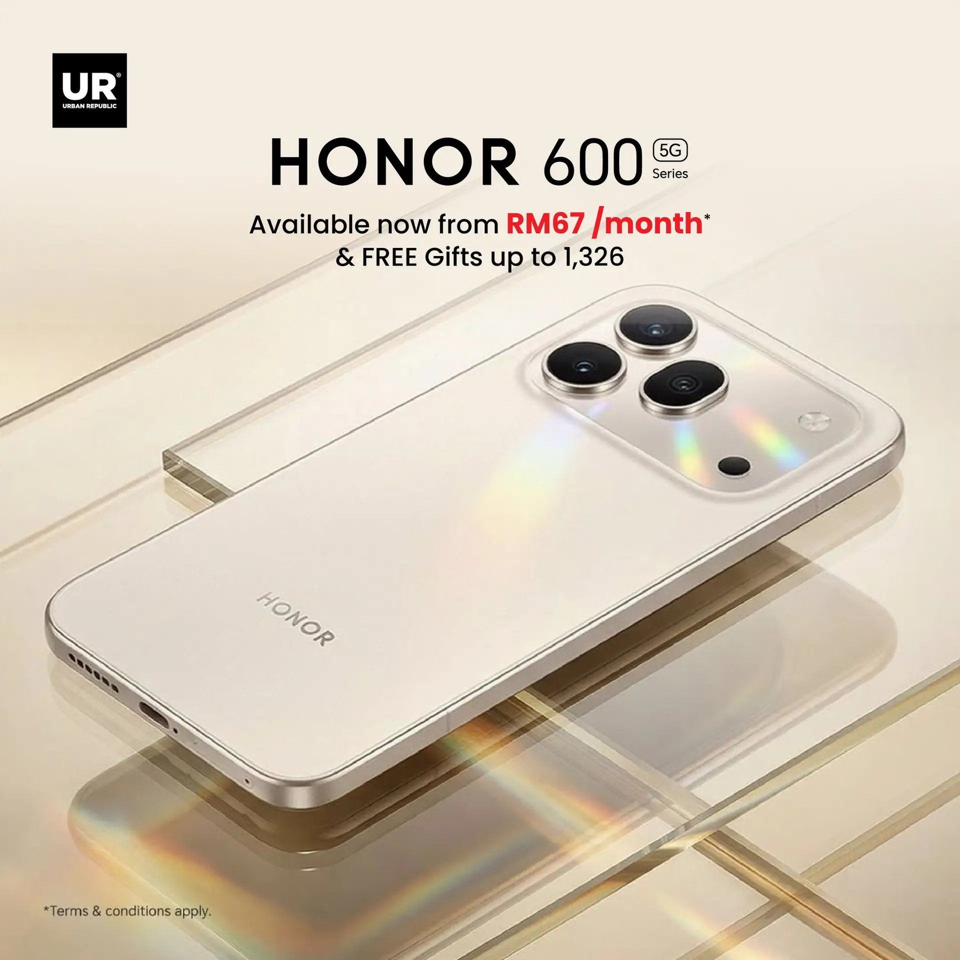 Urban Republic Carousel electronics ad: Discount ad: own the HONOR 600 5G from RM67 a month with free gifts, frame 1 of 2