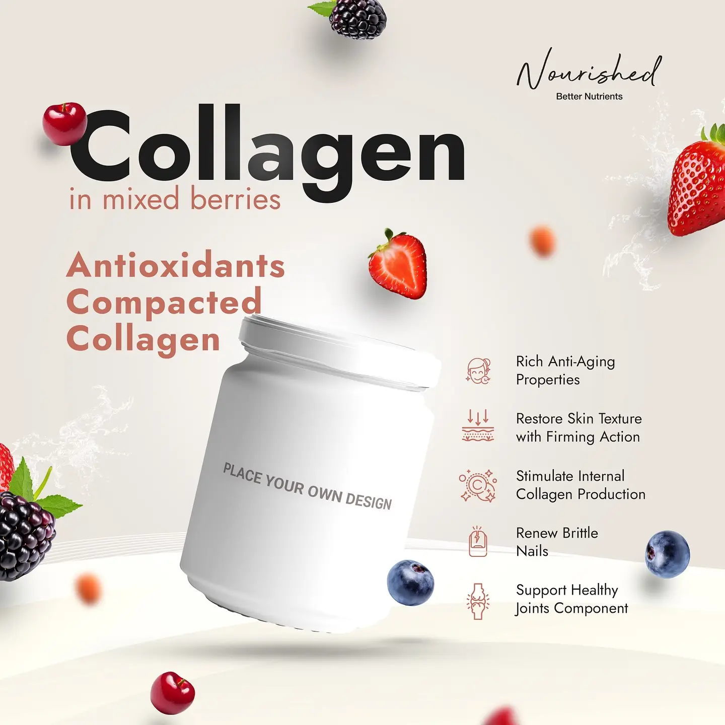 Nourished Static supplements ad: Feature-callout ad for berry collagen’s anti-aging skin benefits