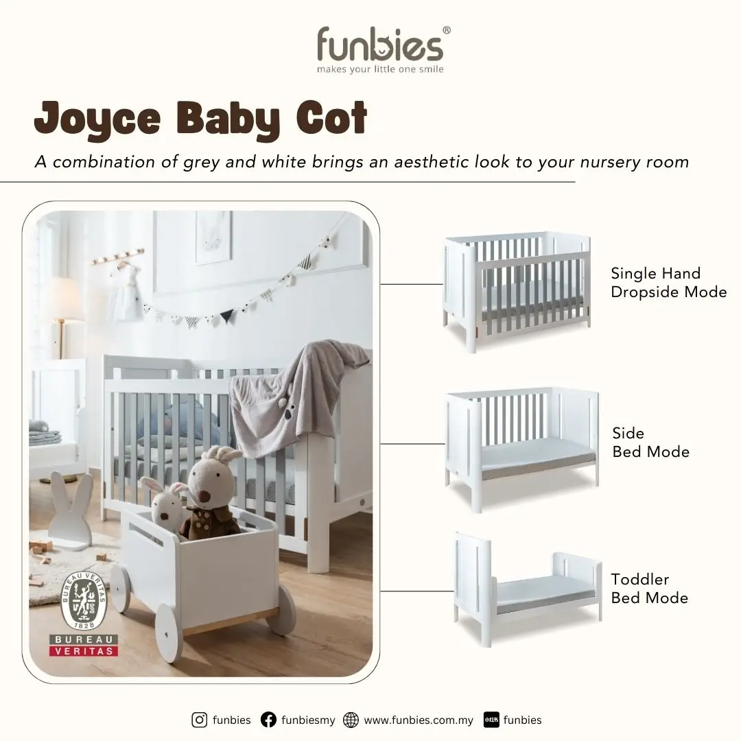 funbies Carousel baby care ad: Feature-callout ad for one cot that converts three ways, frame 2 of 6