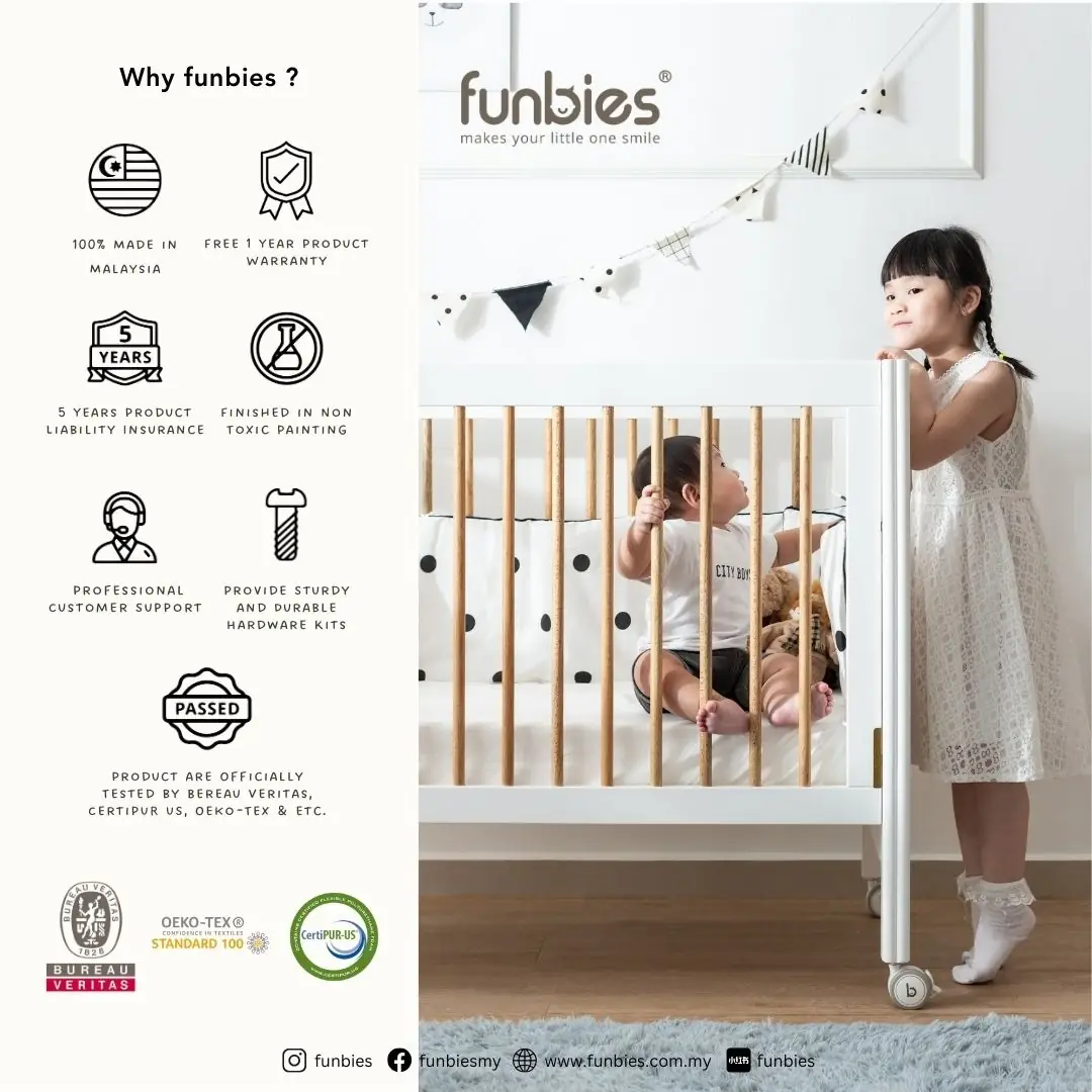 funbies Carousel baby care ad: Feature-callout ad for one cot that converts three ways, frame 6 of 6
