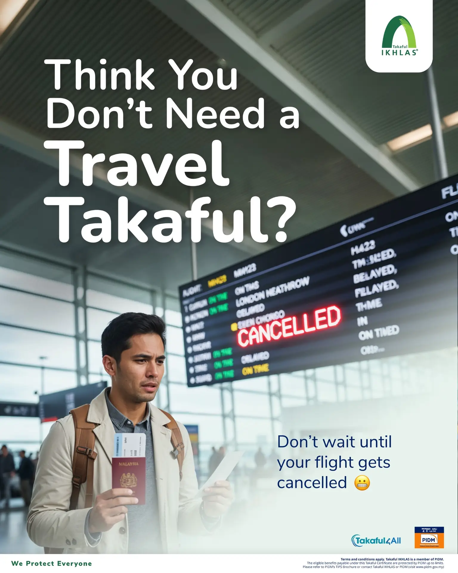Takaful IKHLAS Carousel takaful and insurance ad: Problem-solution ad for travel takaful before your flight gets cancelled, frame 1 of 6